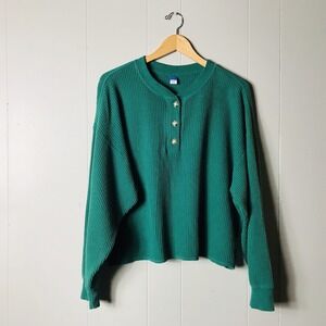 OLD NAVY BOXY HUNTER GREEN HENLEY WAFFLE KNIT LONG SLEEVE SWEATER WOMENS LARGE